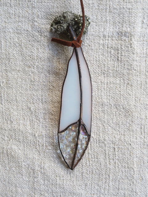 white iridescent mini glass feather - Colin Adrian Glass white iridescent mini glass feather - Colin Adrian Glass