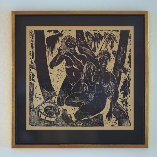 island women landscape block print art island women landscape block print art